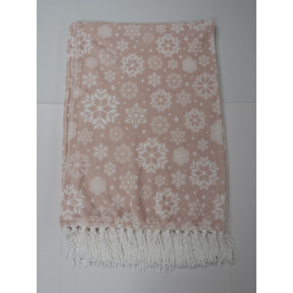 Snowflake 50x70 Throw Blanket Pink White Fringe Soft Cozy Winter Snow